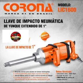 Llave de Impacto Neumática de Yunque Extendido 1" Corona LIC1600